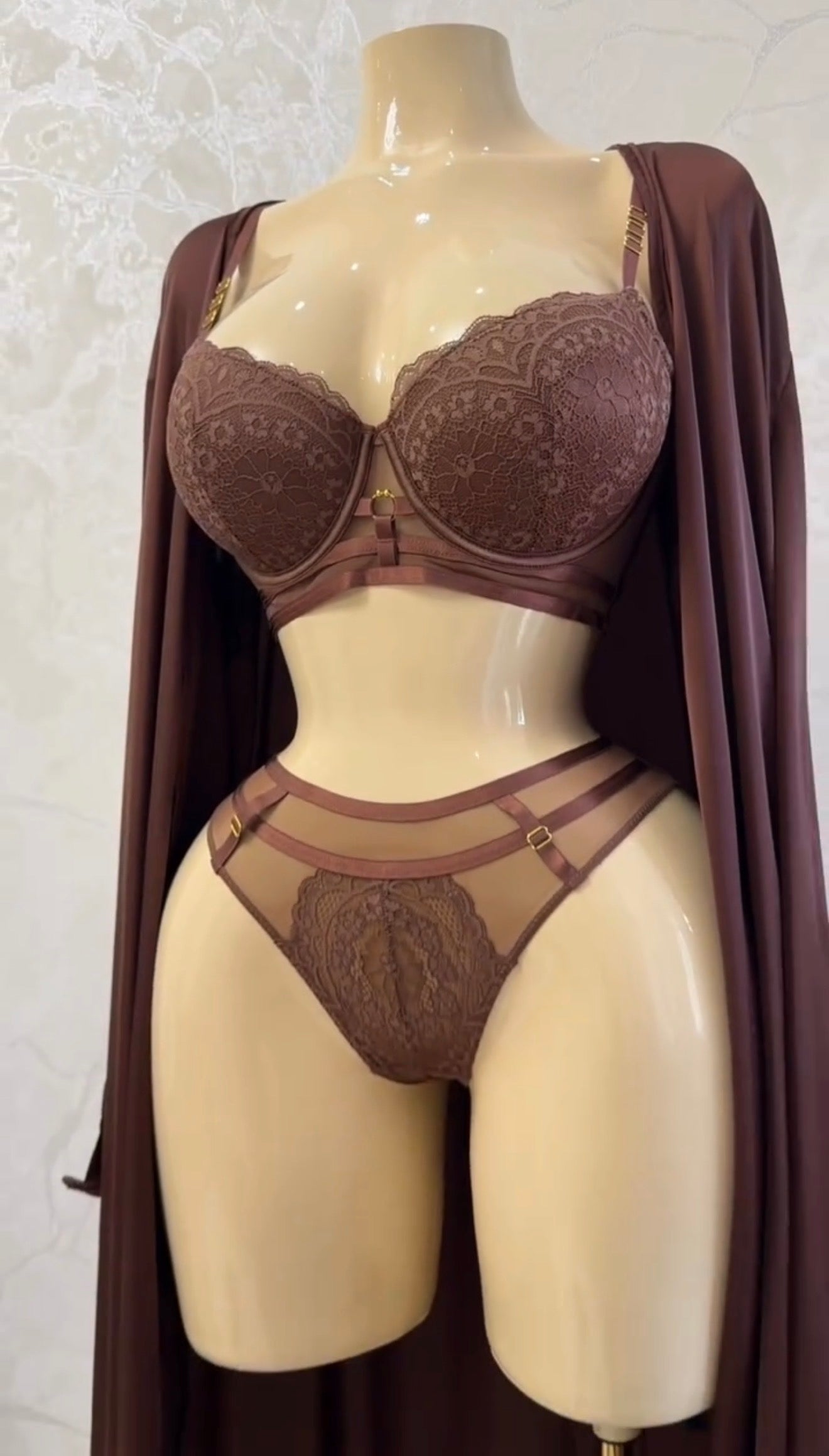 Sienna Mocha Lace Lingerie Set with Matching Robe